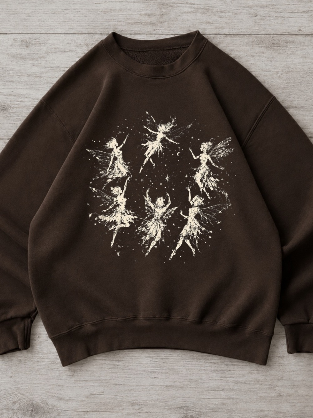 Women's Dark Brown Graphic Sweatshirt with Ivory Fairy Print, Vintage Style
